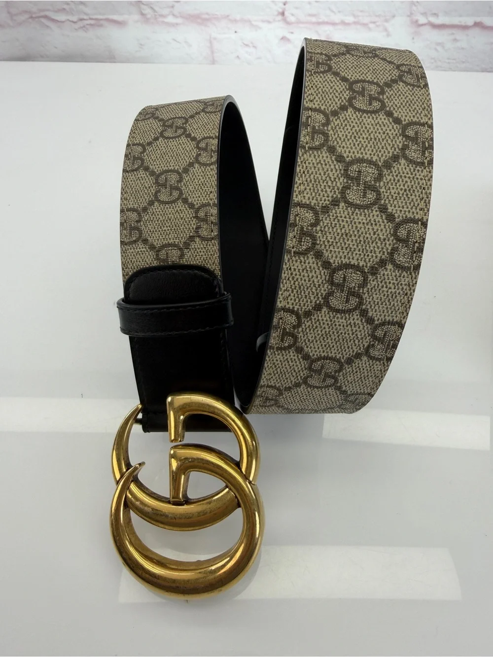 Authentic Gucci Canvas Leather Marmont GG Logo Belt 400593 80/32